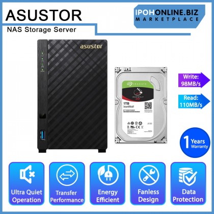 Asustor AS1002T V2 Dual Core 2 Bay Personal Cloud NAS Storage Server + SEAGATE IRONWOLF 1TB HDD